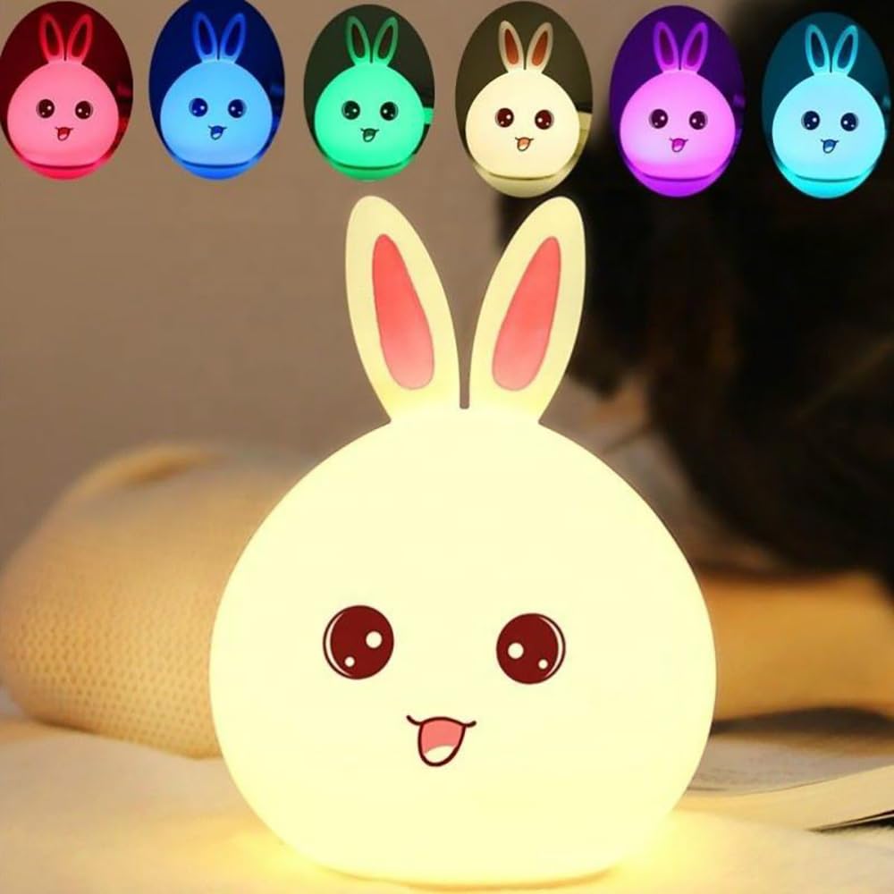 Silicone Rabbit Night Light – USB Rechargeable 7 - Color LED Lamp with Touch Sensor | Cute Kids Bedroom Décor & Baby Gift (Multicolor) - KIDELLE & CO.