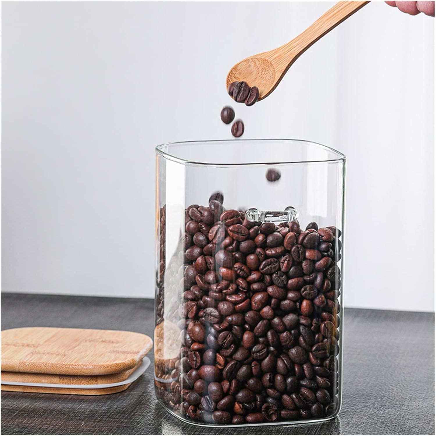Square Glass Jar with Bamboo Lid & Spoon – Airtight Kitchen Storage Container for Sugar, Salt, Spices & Seeds - KIDELLE & CO.