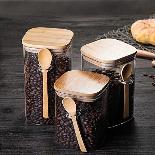 Square Glass Jar with Bamboo Lid & Spoon – Airtight Kitchen Storage Container for Sugar, Salt, Spices & Seeds - KIDELLE & CO.